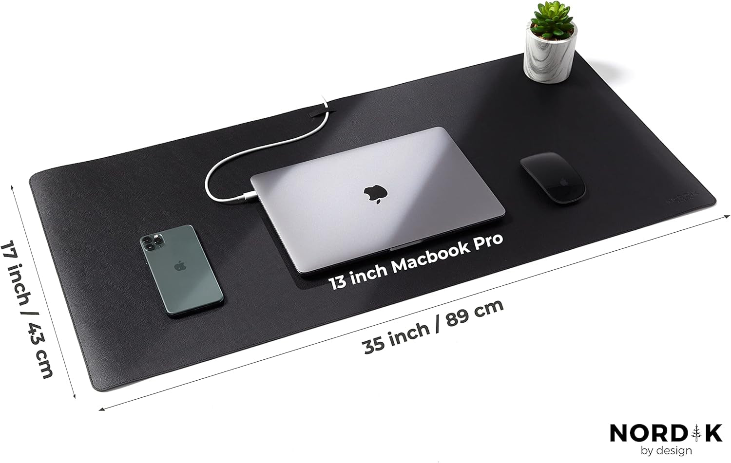 Nordik Leather Desk Mat Cable Organizer - Pebble Black 35 X 17 Inch - Premium Mouse Mat - Felt Vegan Leather Desk Pad Protector - Desk Blotter Matt Keyboard - Large Desk Matt for Desktop Computer