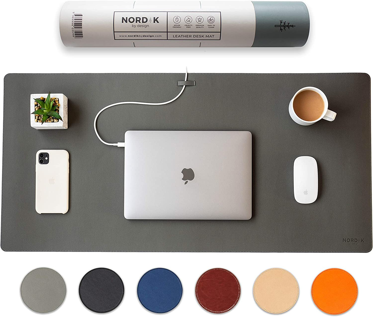 Nordik Leather Desk Mat Cable Organizer - Alaskan Gray 35 X 17 Inch - Premium Extended Mouse Mat for Home Office Accessories - Non-Slip Vegan Leather Desk Pad Protector & Desk Blotter Pad