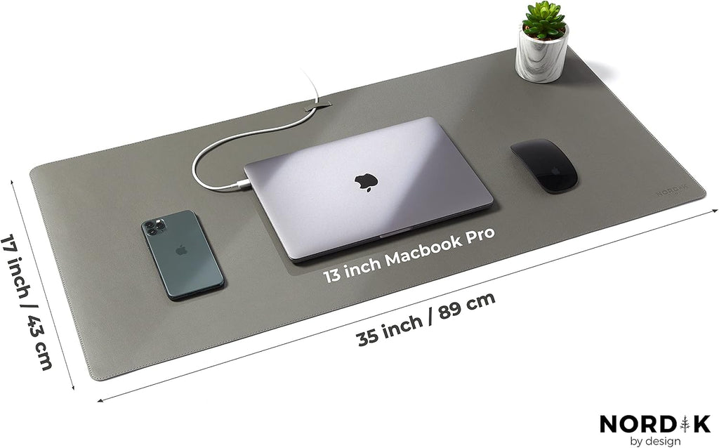 Nordik Leather Desk Mat Cable Organizer - Alaskan Gray 35 X 17 Inch - Premium Extended Mouse Mat for Home Office Accessories - Non-Slip Vegan Leather Desk Pad Protector & Desk Blotter Pad